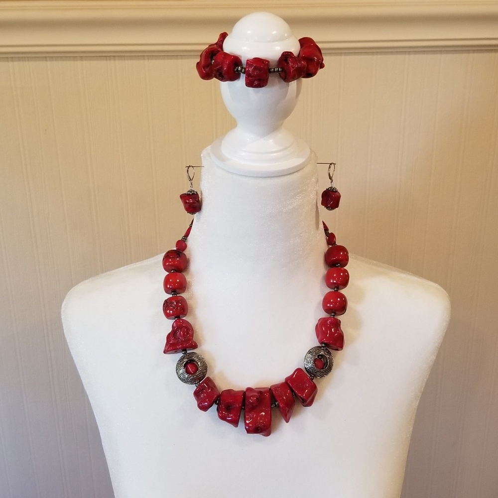 Red Coral Jewelry Set necklace, bracelet, earrings